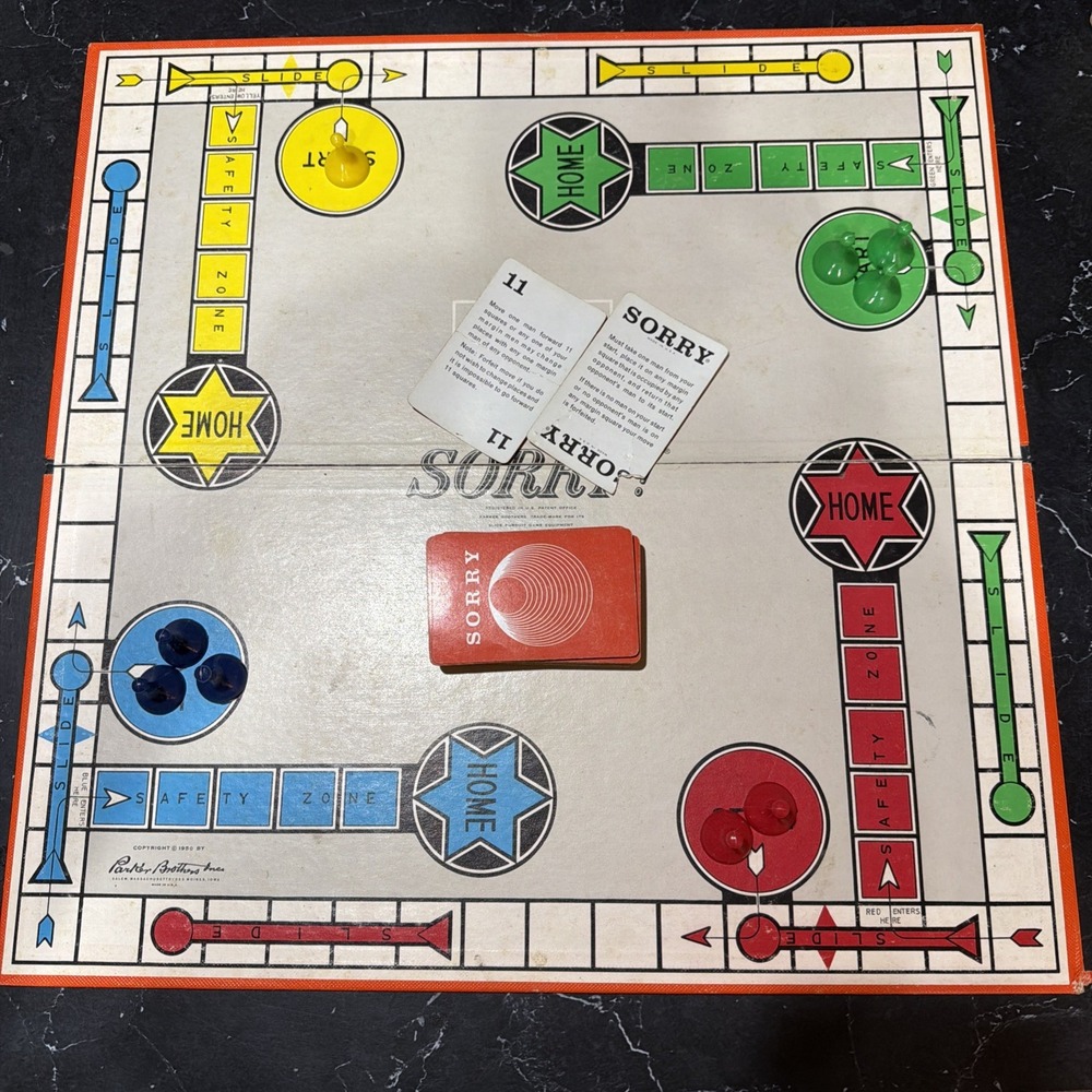 Sorry! Parker Bros. Replacement Game Board, Cards & Playing Pieces Vintage 1964